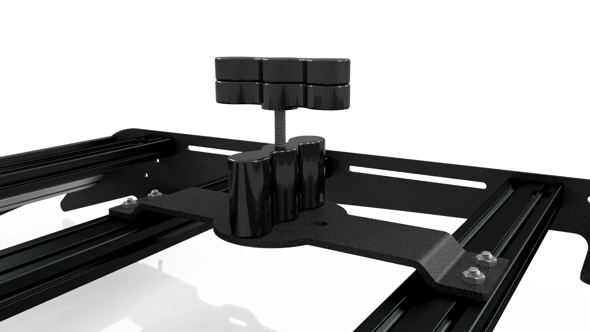Black two-bar mounting bracket for overland roof rack, shown installed on crossbars