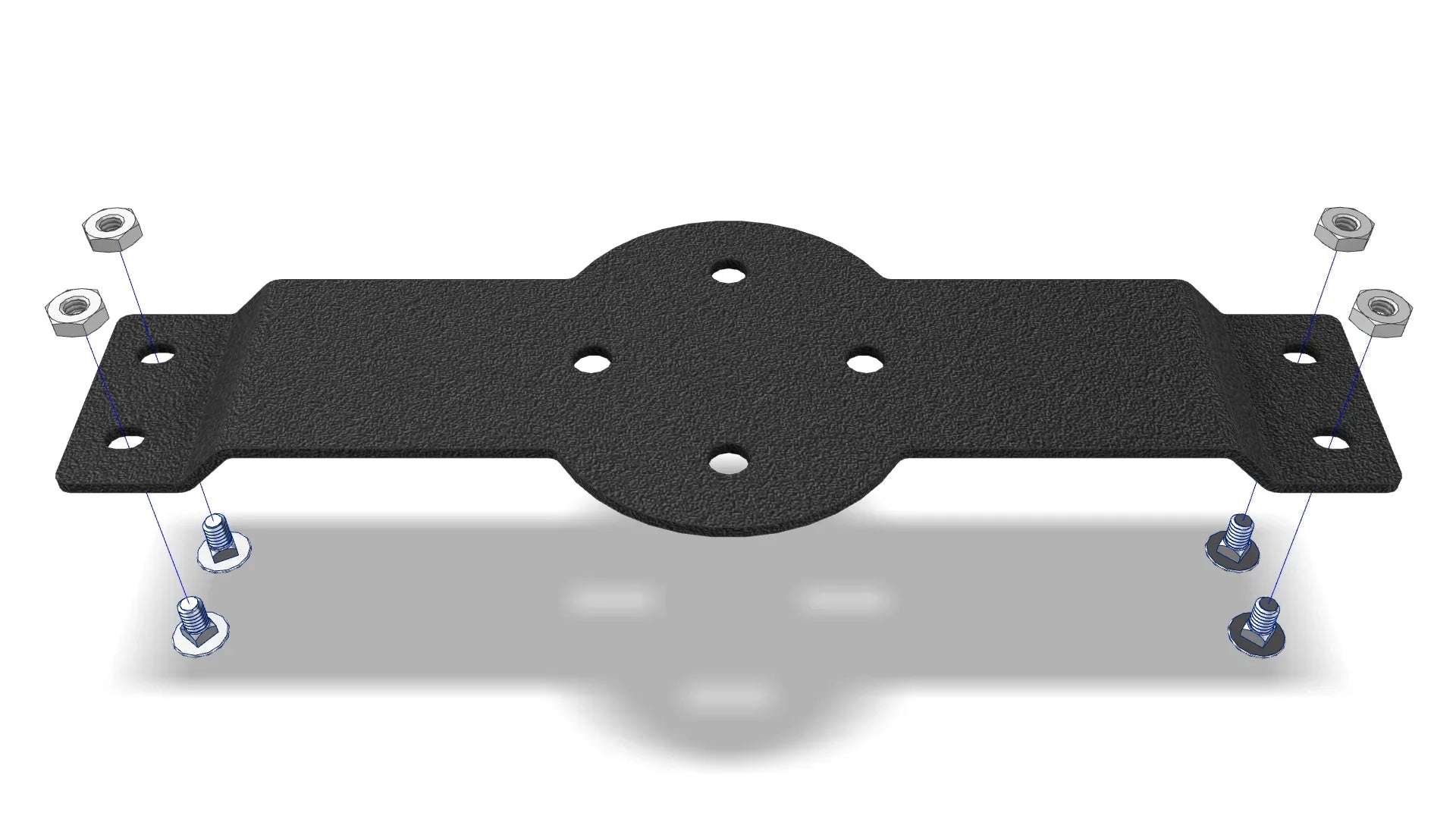 Textured black metal two-bar mount bracket with hardware assembly for overlanding vehicles.