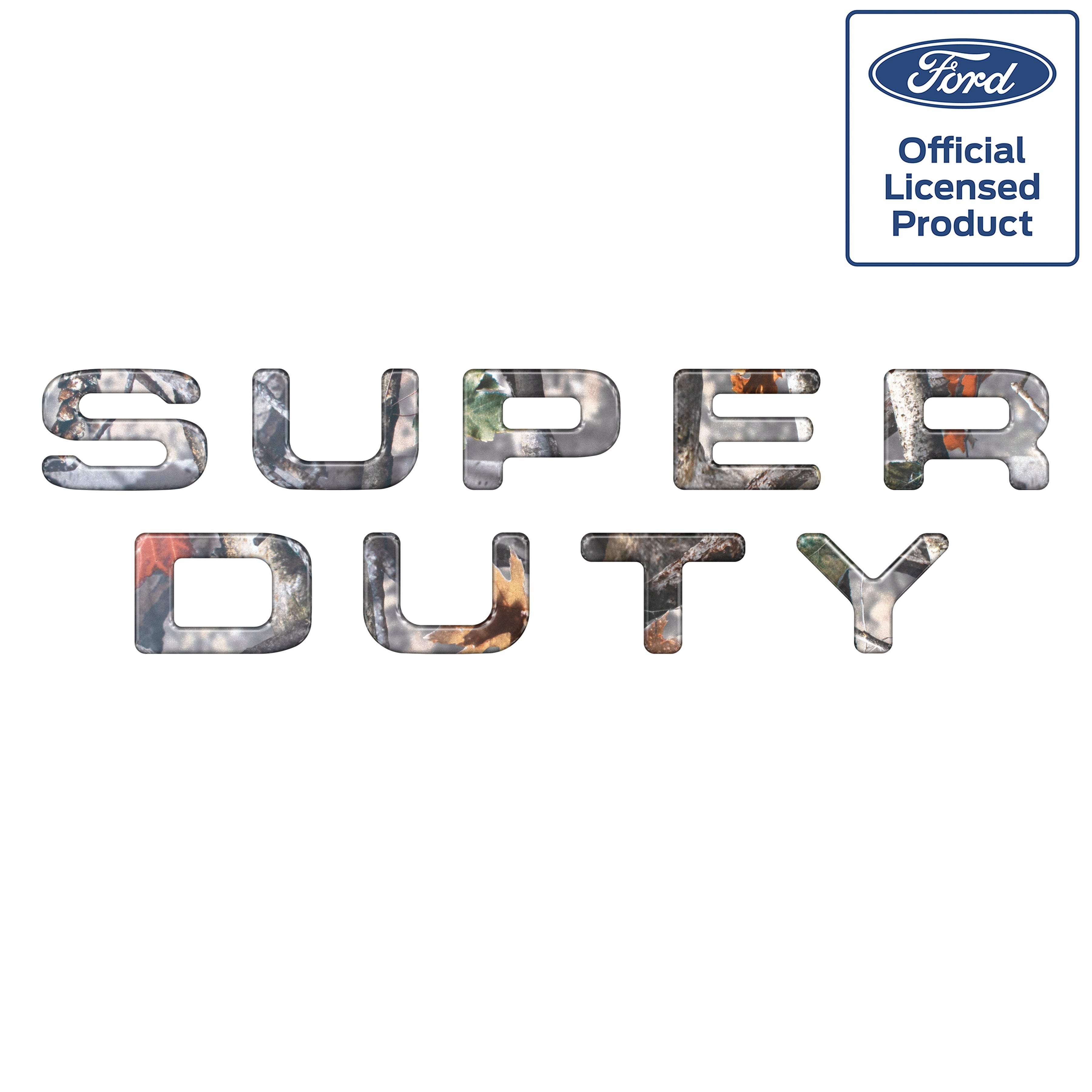 Camo print SUPER DUTY emblem letters with official Ford licensed product badge.