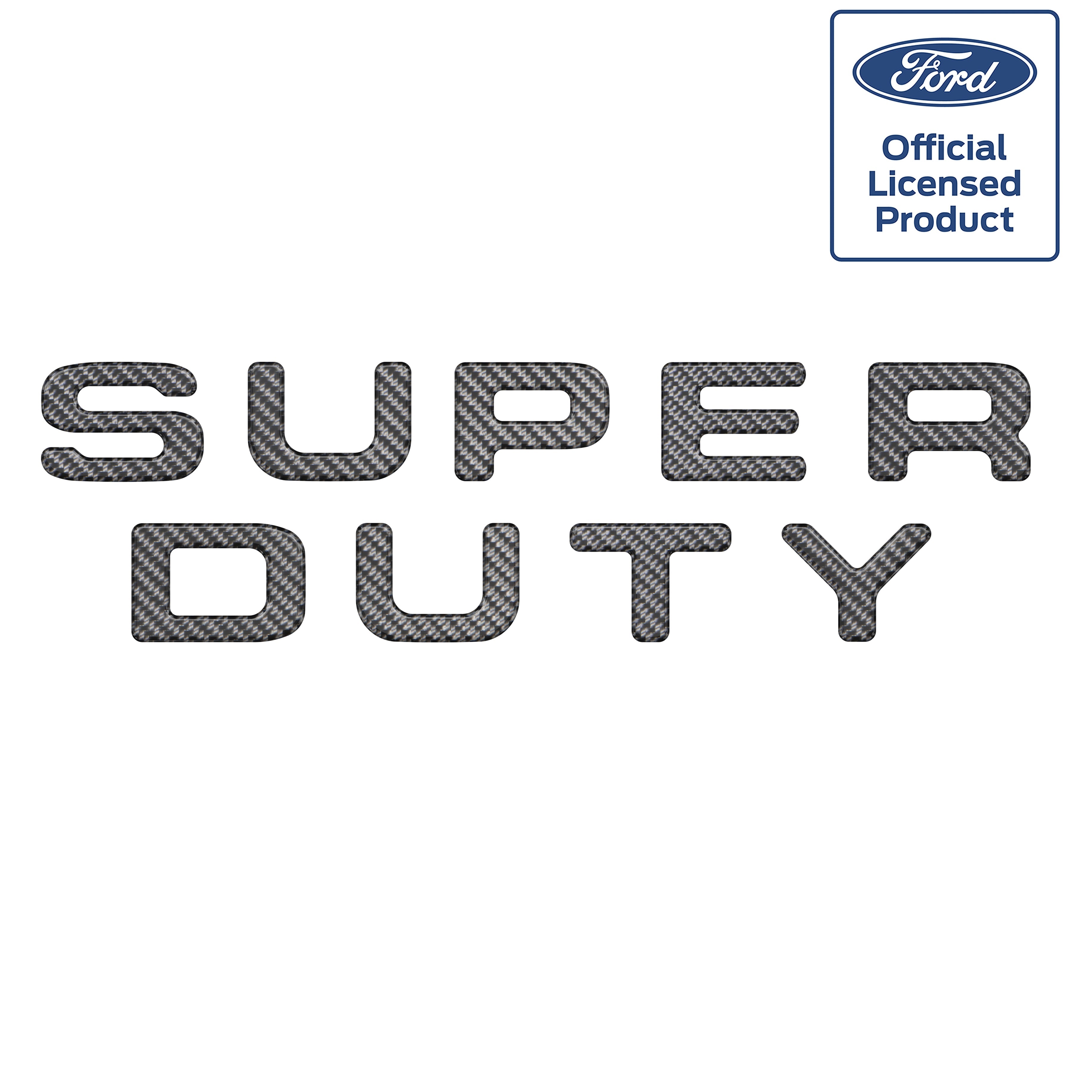Carbon fiber style SUPER DUTY letter decals with Ford Official Licensed Product badge