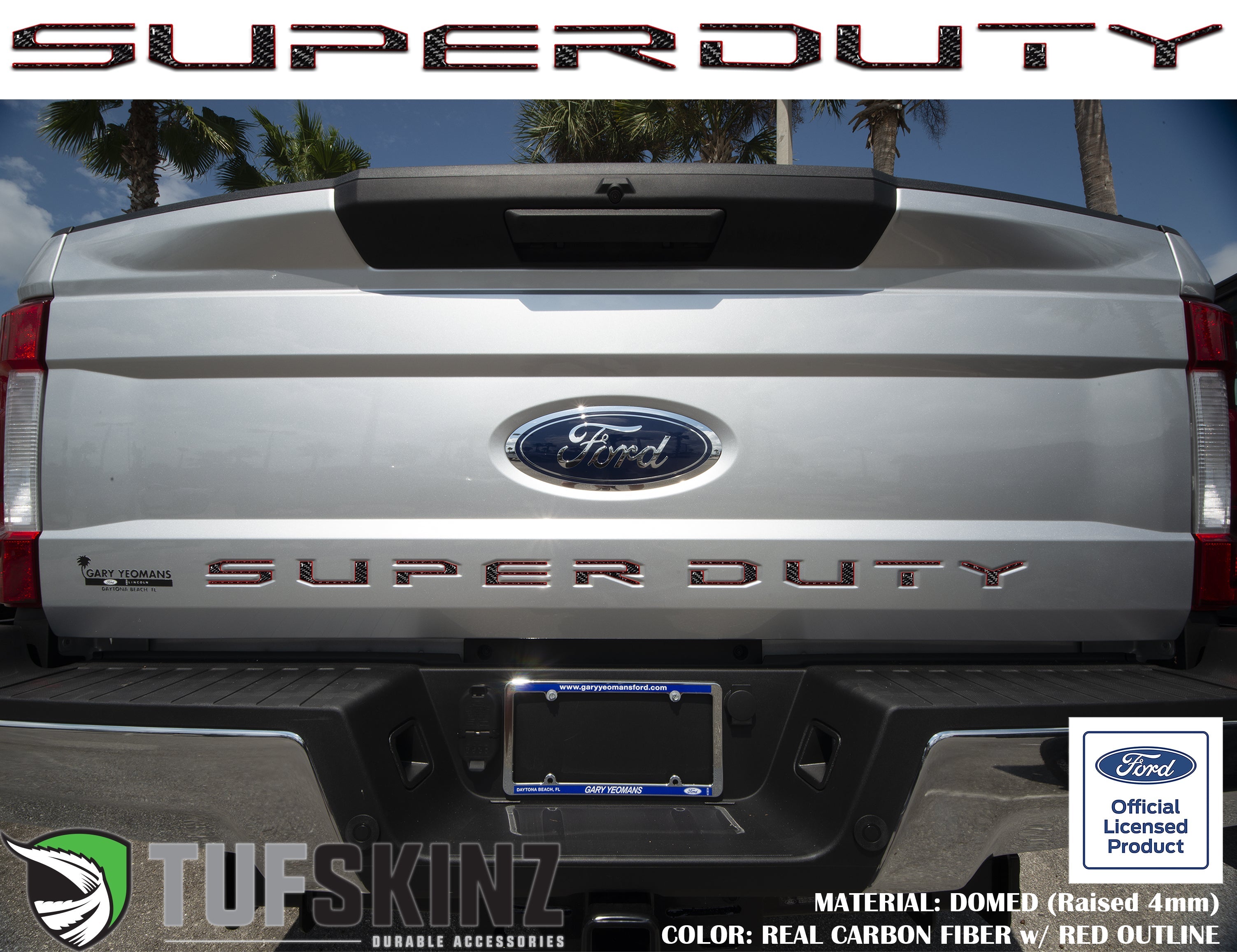 "SUPER DUTY" Tailgate Letter Inserts Fits 2017-2019 Ford Super Duty Domed Carbon Fiber w/Red Outline