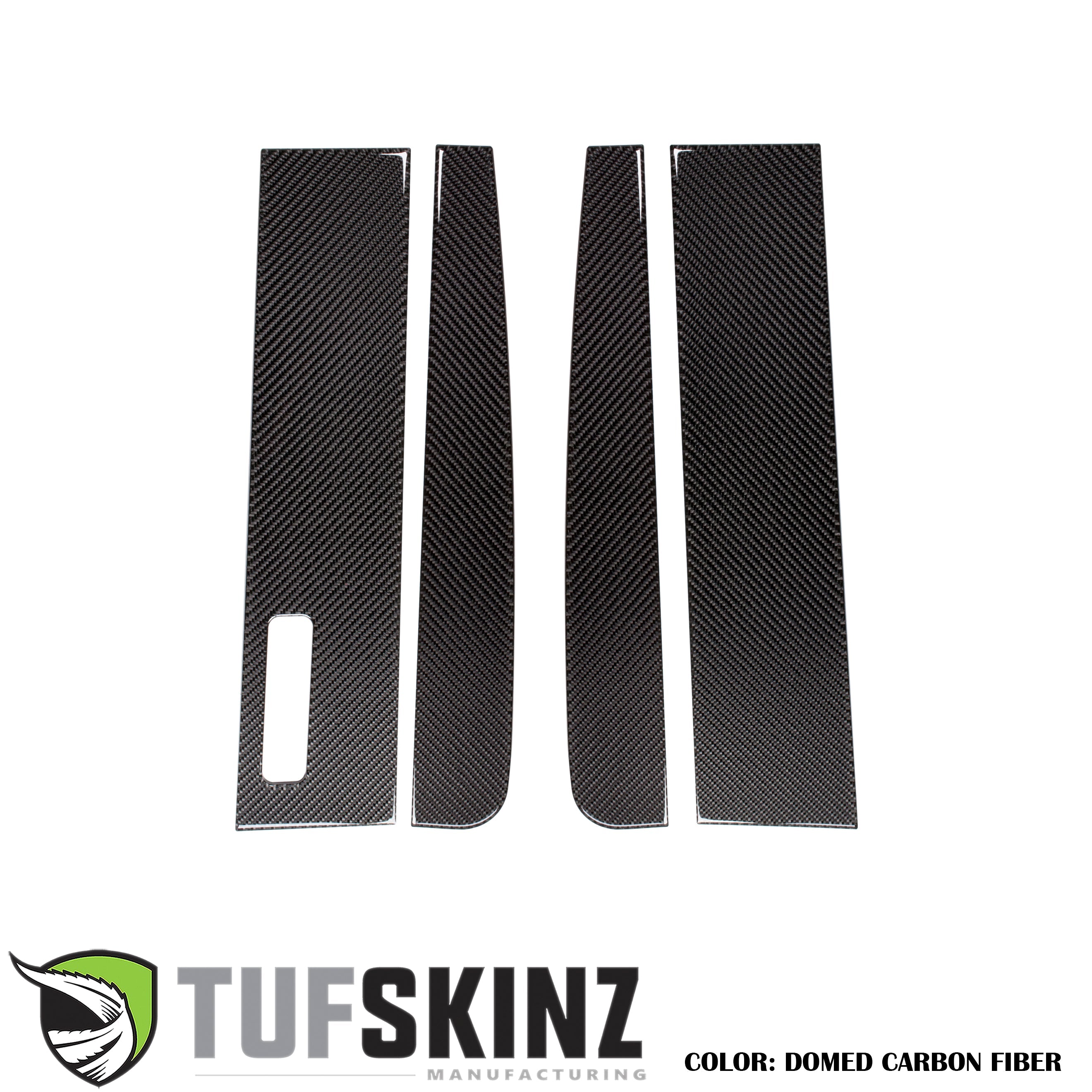 Domed carbon fiber door pillar overlays for vehicle exterior customization