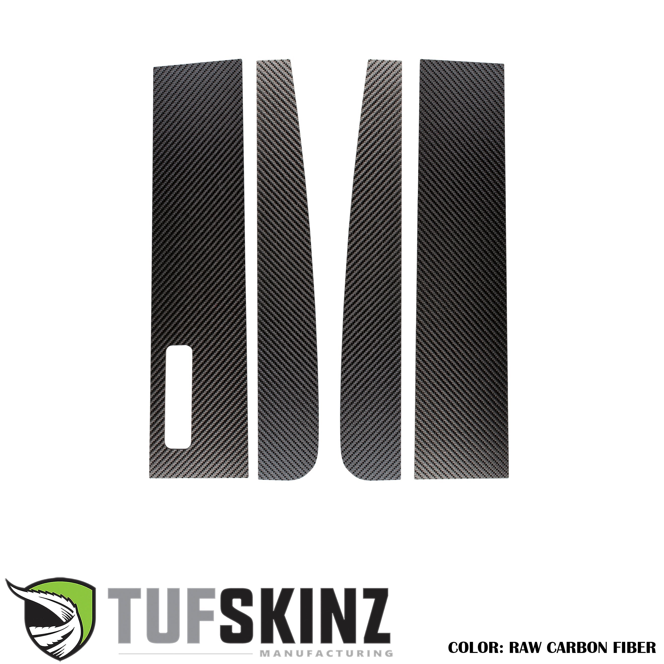Raw carbon fiber door pillar trim kit for vehicle accessory upgrades, four pieces, TufSkinz.