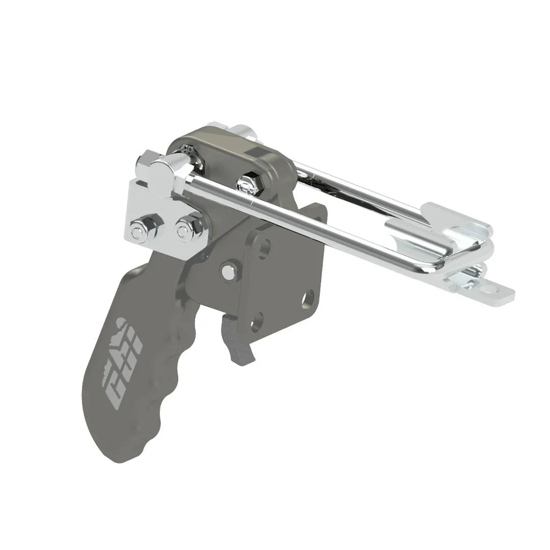 Heavy-duty swing arm latch with textured grip, metal hardware, for off-road vehicle gear