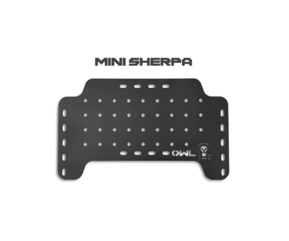 Black Mini Sherpa mounting panel with multiple holes for overlanding vehicle gear