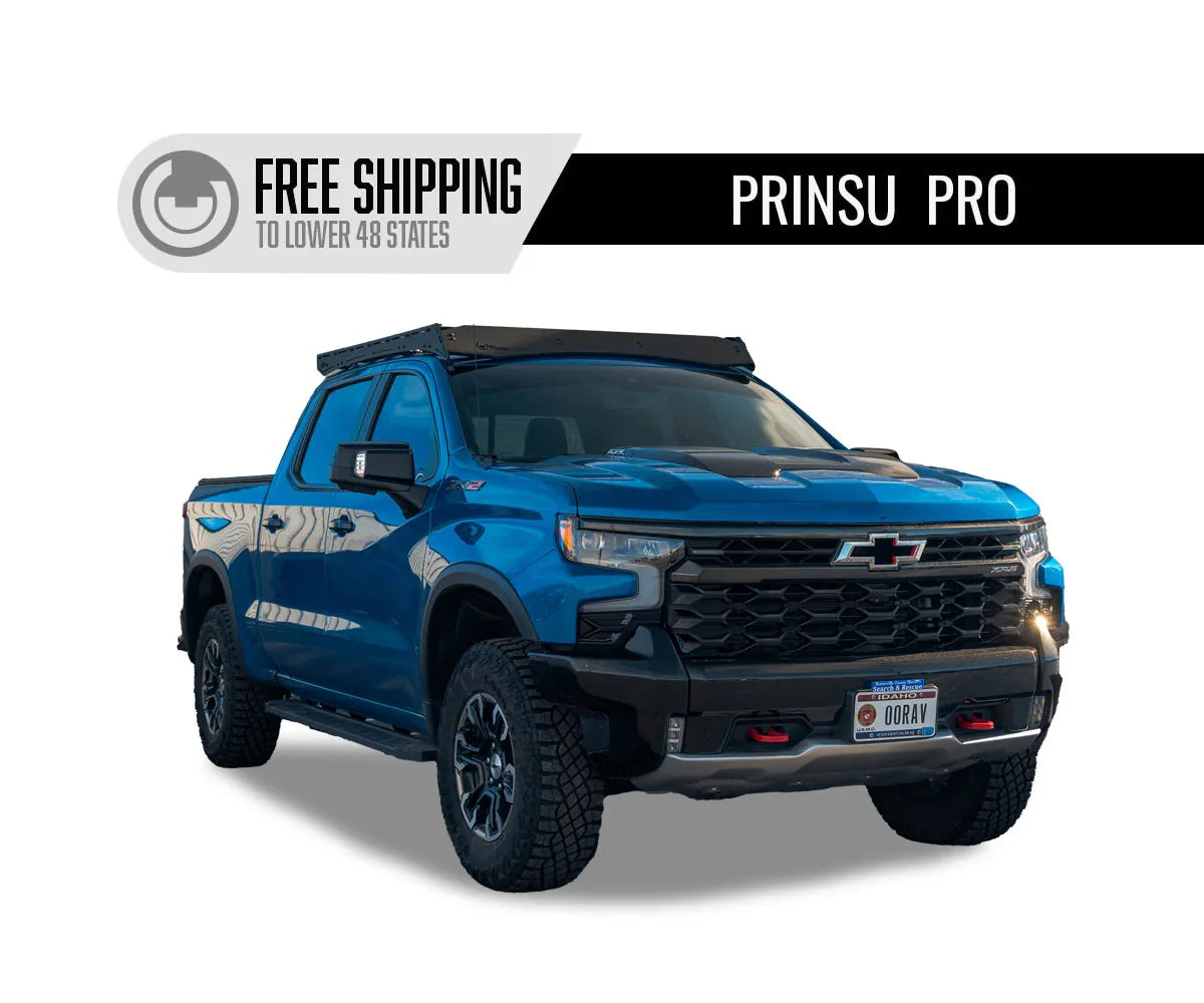 Chevrolet Silverado ZR2 blue truck with Prinsu Pro roof rack, shown for overlanding gear