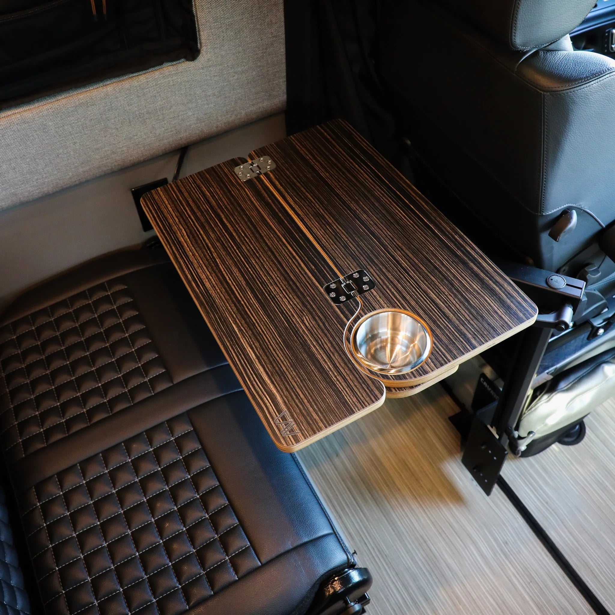 Foldable wood grain vehicle camping table with cup holder installed behind front seat
