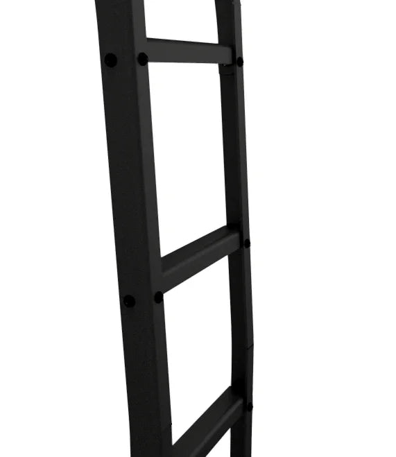 Black aluminum van roof rack ladder for overlanding vehicles close-up