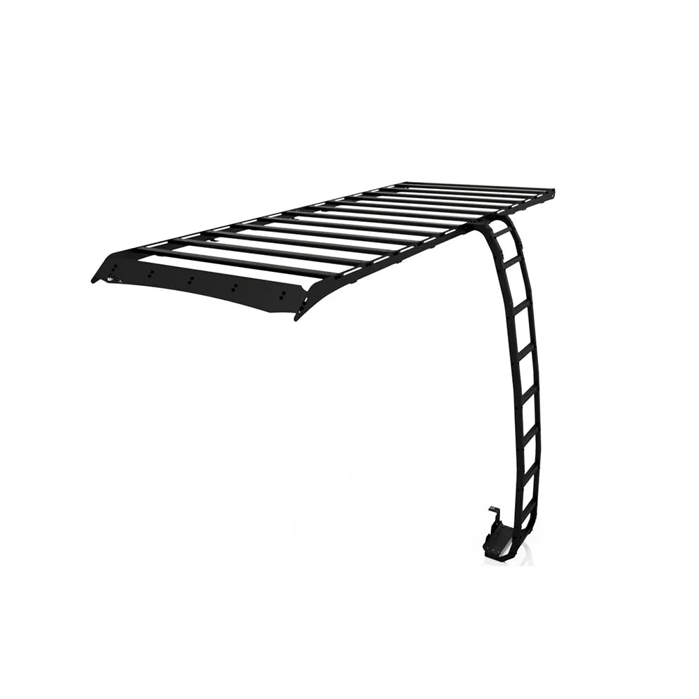 Black metal roof rack and side ladder for Sprinter van, designed for overlanding storage