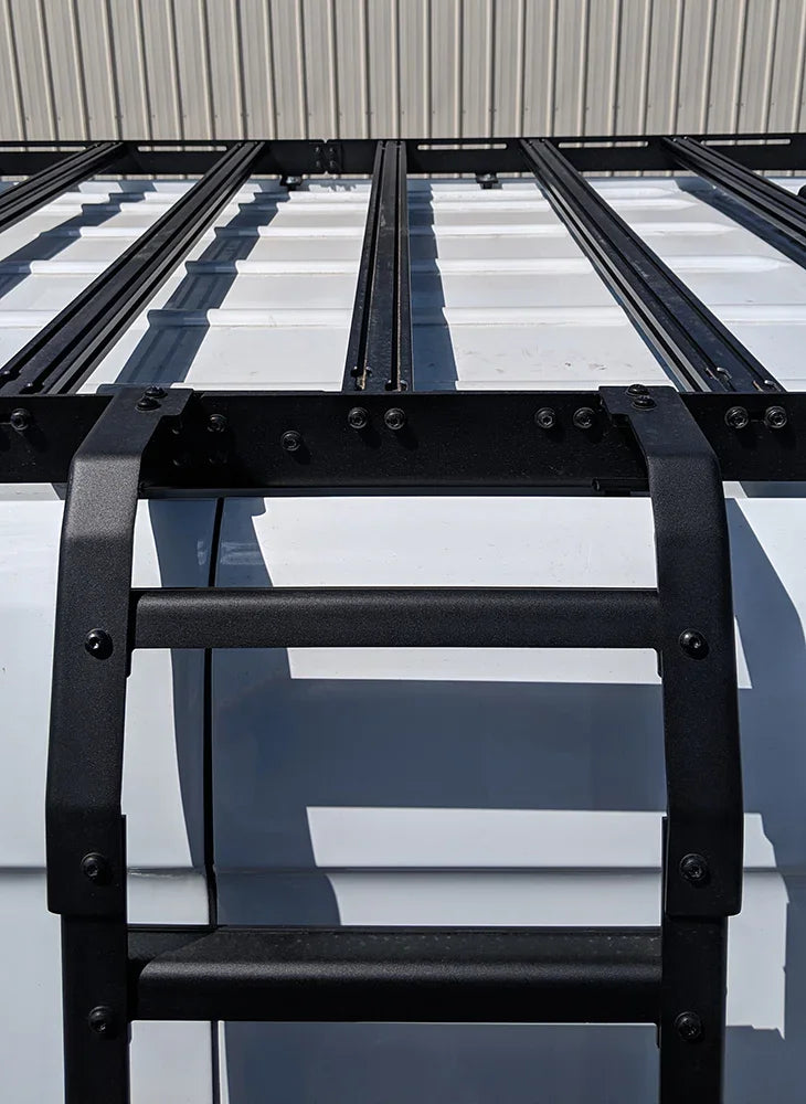 Sprinter van with black roof rack and ladder, outdoor adventure gear accessory
