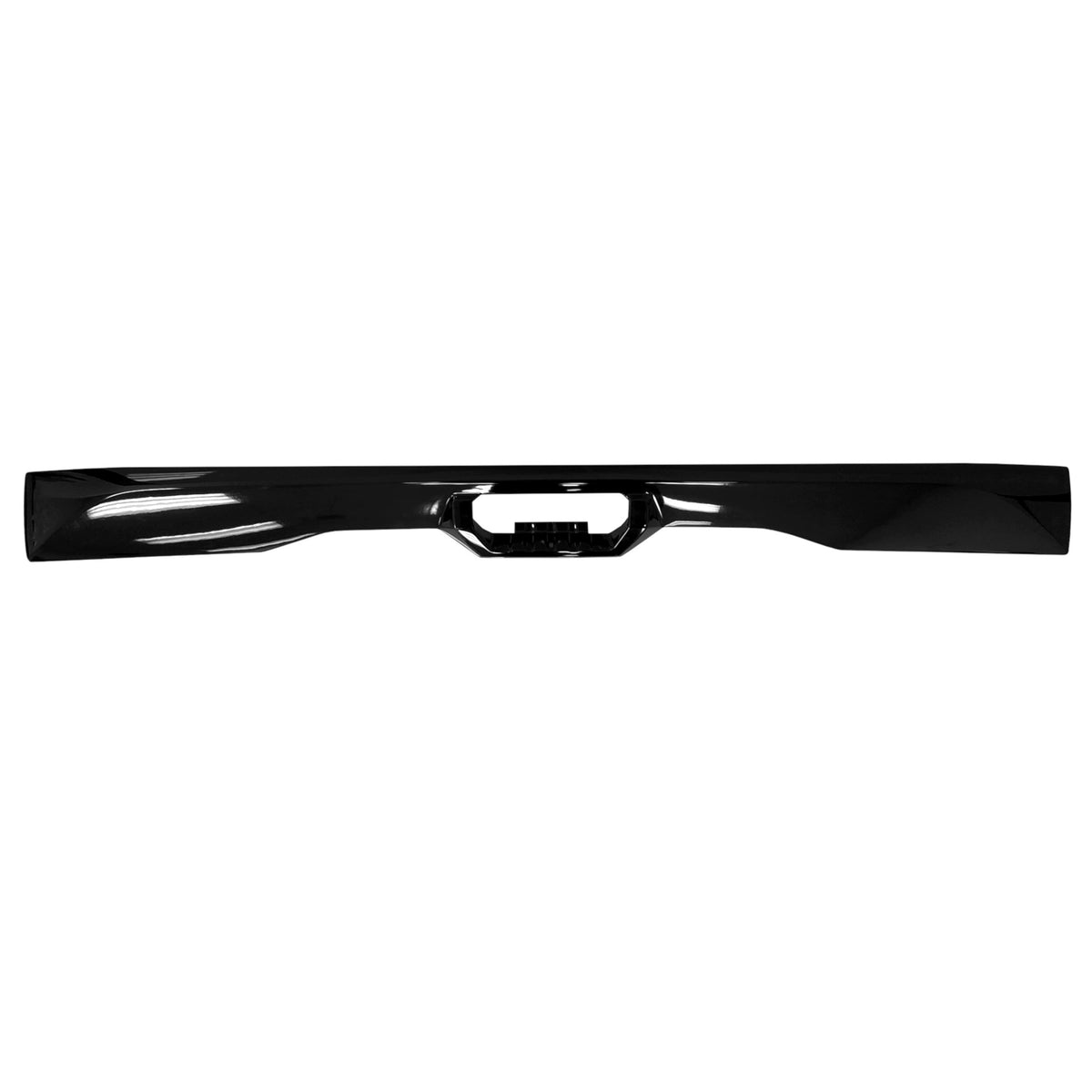 Gloss black Ecoological tailgate applique for a 2022+ Toyota Tundra, front view of the long spoiler-style trim piece