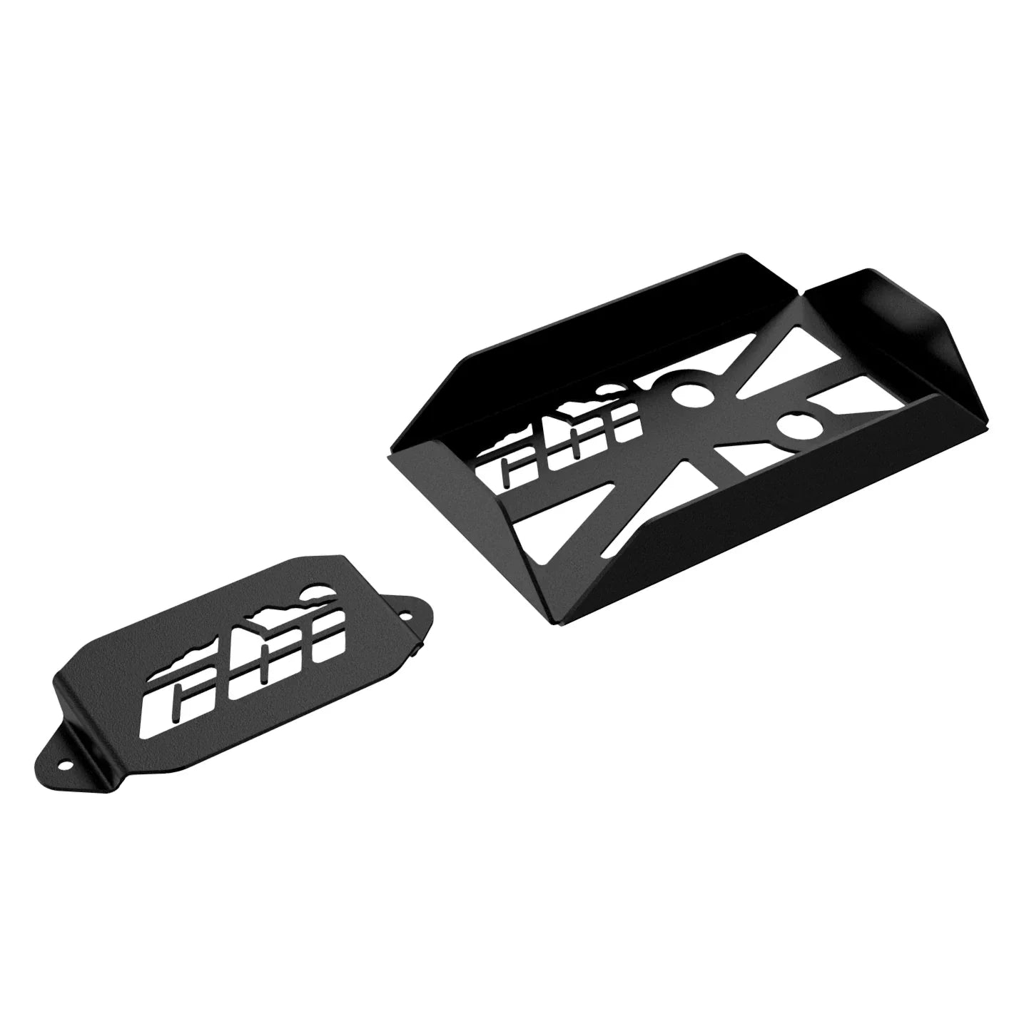 Black metal battery tray mount with cutout design for off-road or overlanding vehicles