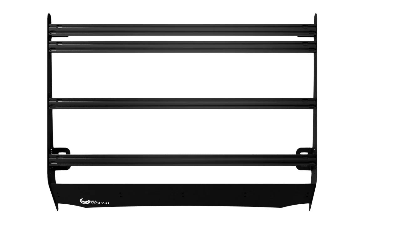 Black steel habitat rack for overlanding vehicles, top view, isolated on white background