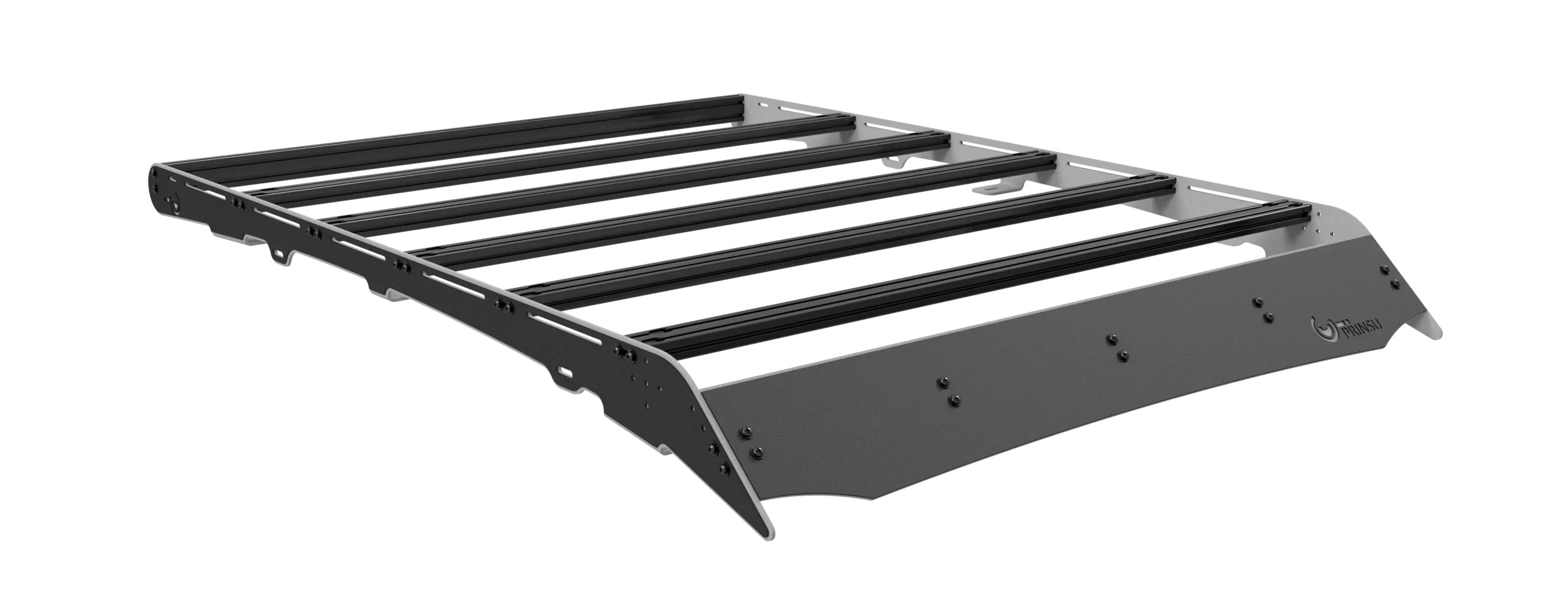 Isometric view of a grey modular roof rack with side shield plates for overlanding vehicles