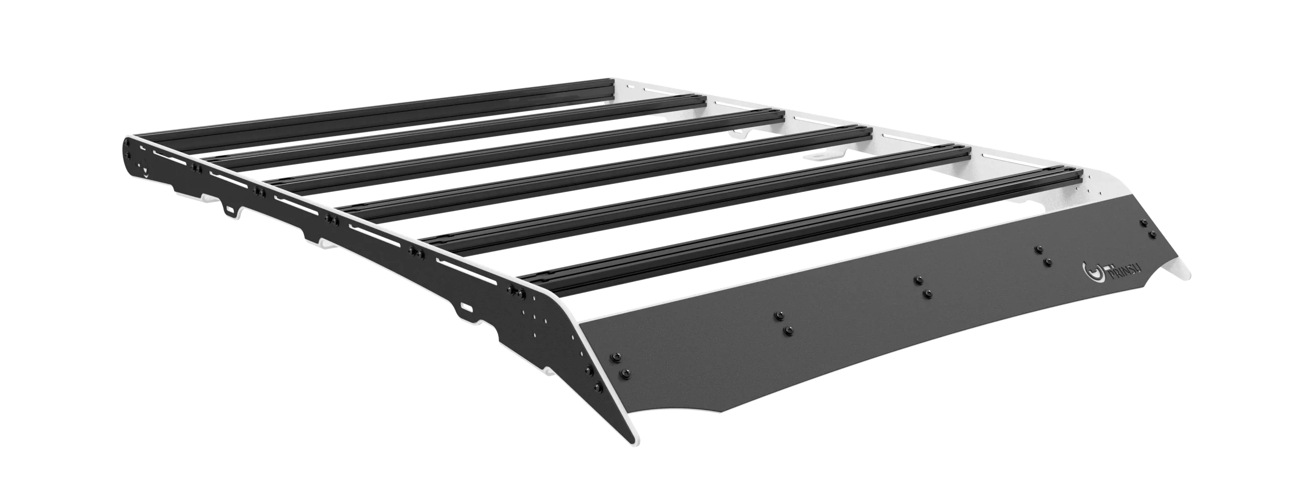 Isometric view of black and white aluminum roof rack platform for overlanding vehicles
