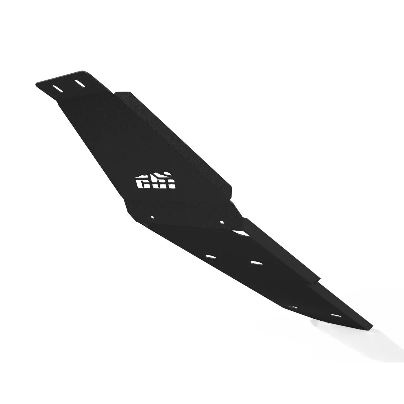 Black steel gas tank skid plate for Toyota Tacoma, angled view, white background