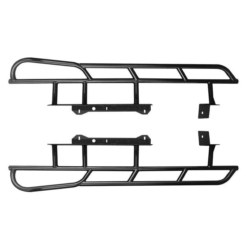 Black steel bolt-on rock sliders for Toyota Tacoma overlanding vehicle protection