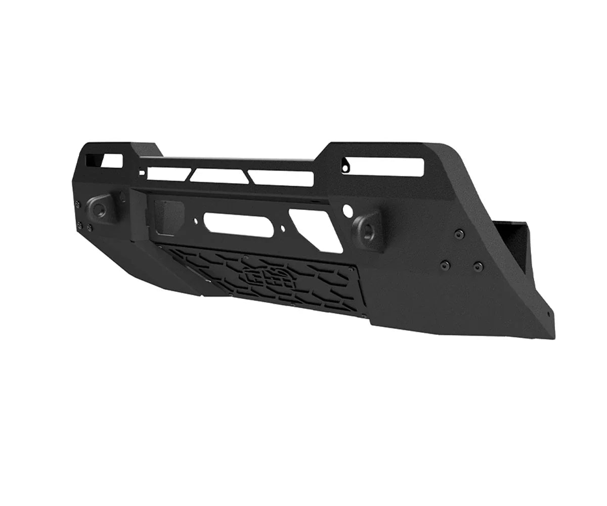 Heavy-duty black steel off-road bumper for Toyota Tacoma, ideal for overlanding and adventure vehicles