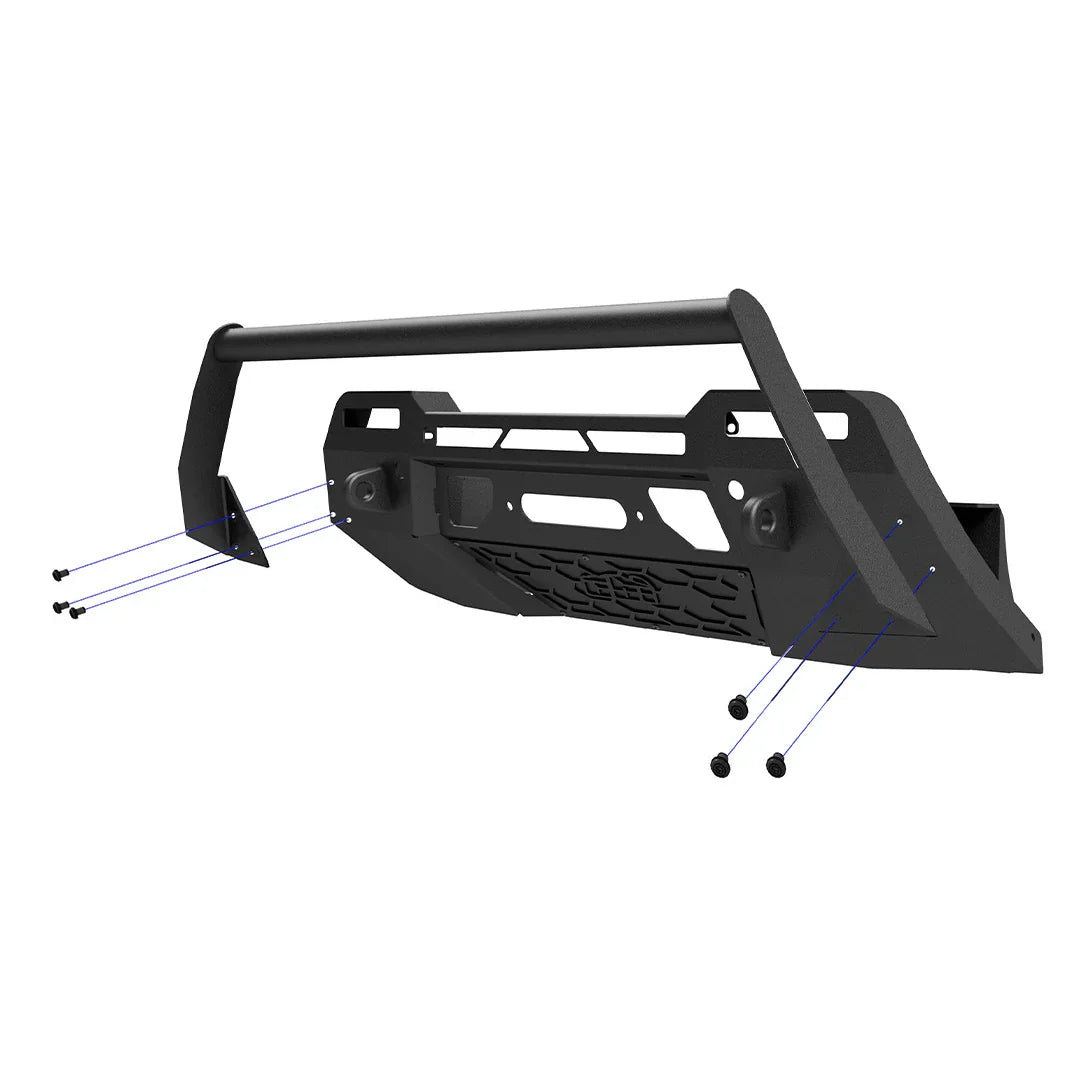 Black steel bull bar with mounting hardware for Toyota Tacoma, off-road vehicle accessory