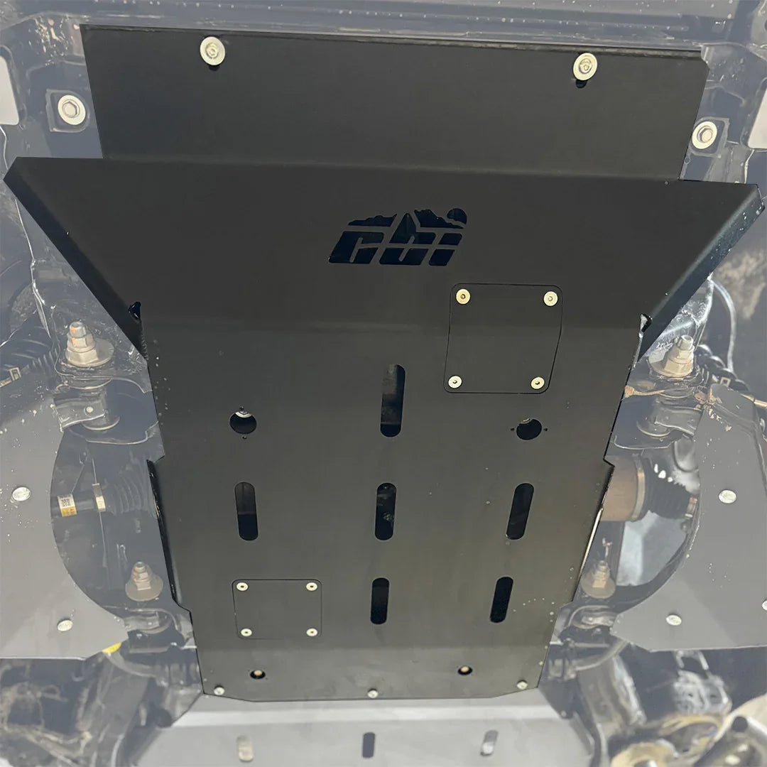 Powder-coated black front skid plate installed on off-road vehicle undercarriage