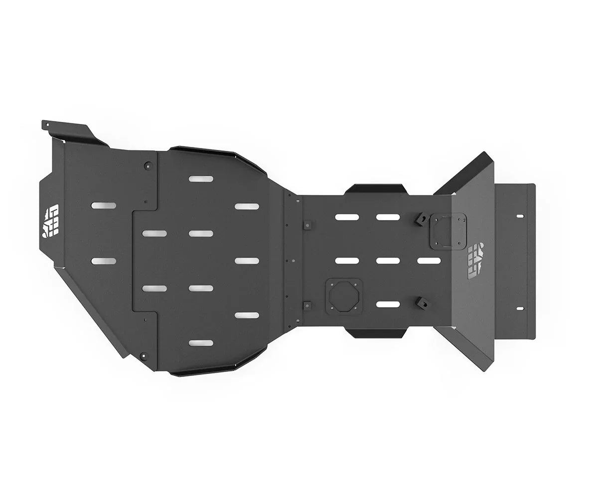 Full-length steel skid plate for Toyota Tacoma, black, with ventilation slots, top view.