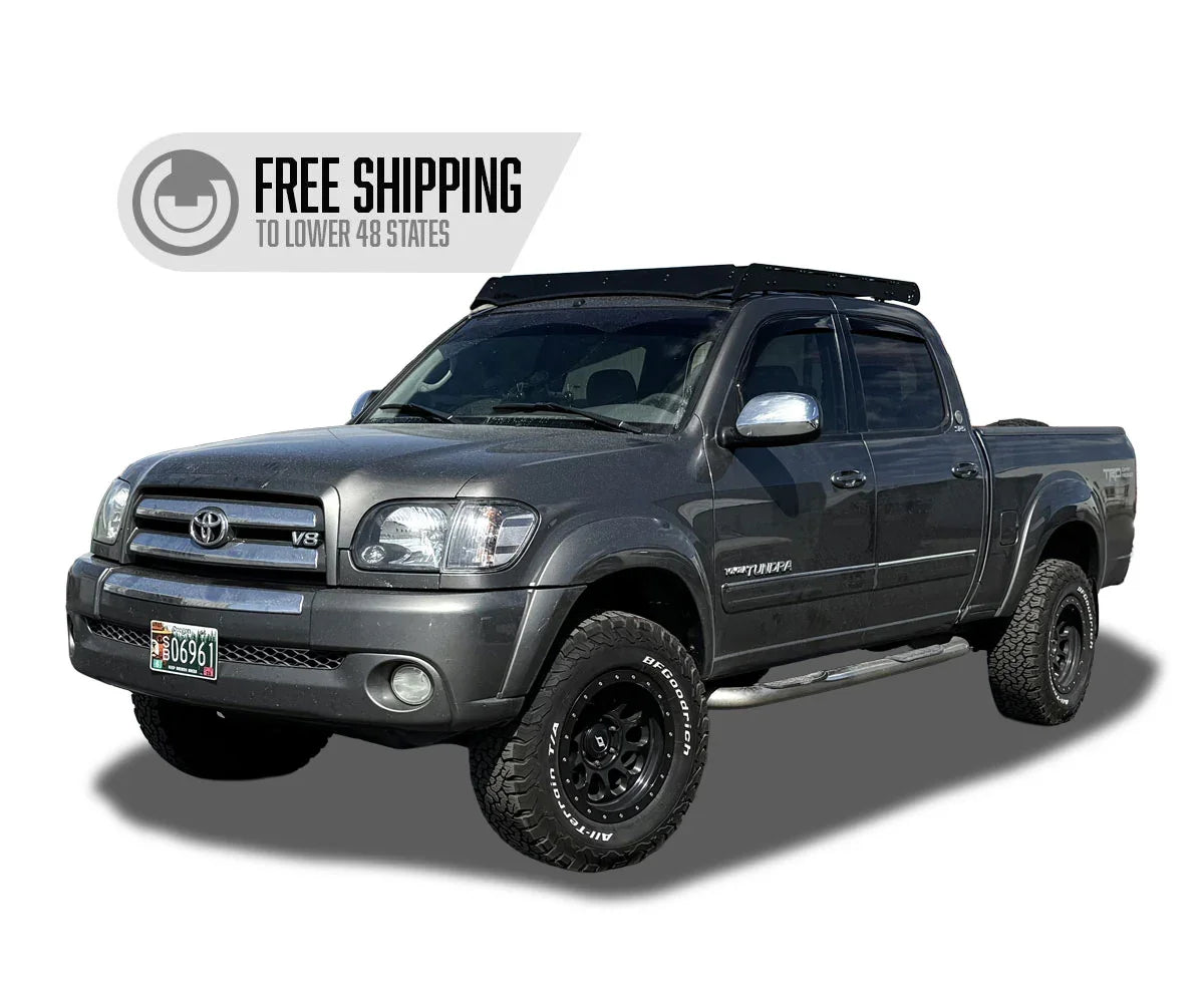 Toyota Tundra with roof rack, off-road tires, and TRD badging for overlanding