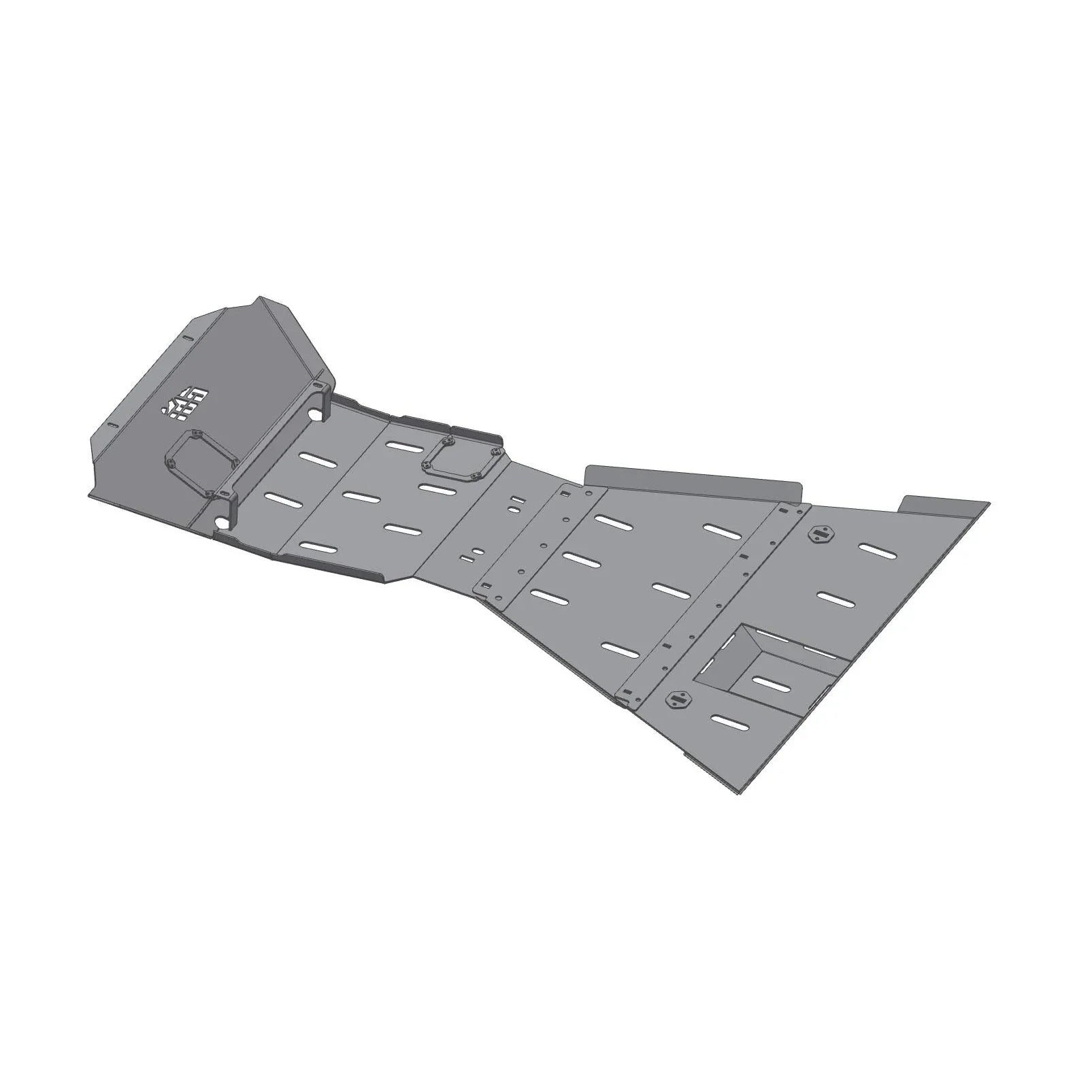 Full coverage steel skid plate for Toyota Tacoma, top view with mounting cutouts and slots.