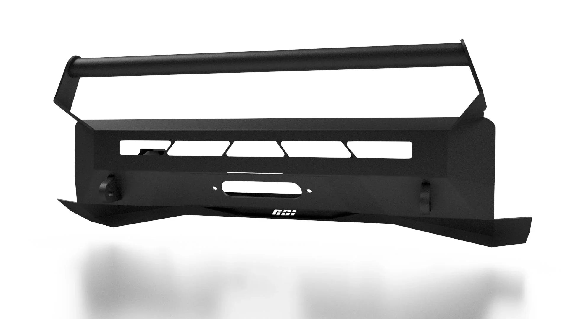 Heavy-duty black steel off-road front bumper with grille guard and winch mount slots.