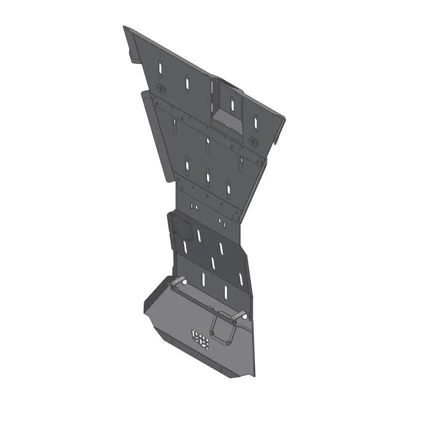 Rear skid plate for off-road vehicles, steel construction, bottom view, slotted design.