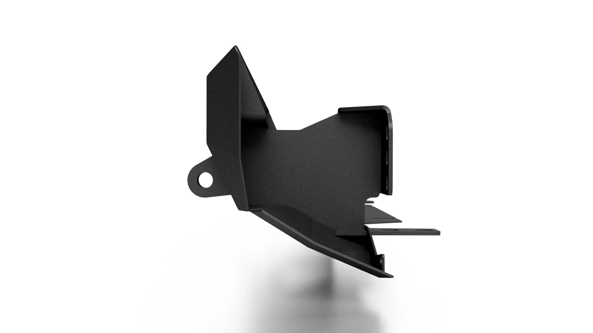 Black steel vehicle mounting bracket for overlanding accessories, side view, isolated on white