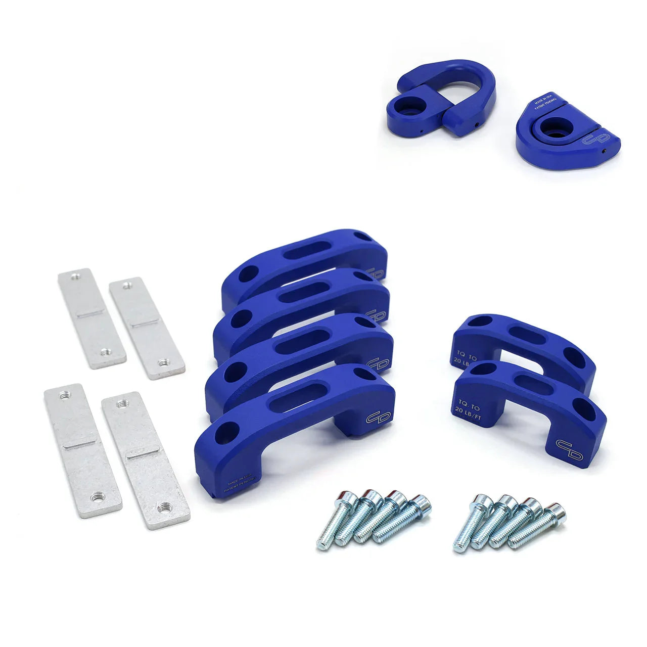 Blue billet aluminum tie down kit with mounting hardware for Toyota Tacoma truck bed