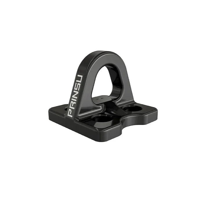 Black metal tie down anchor with PRINSU logo, for overlanding roof rack accessories.