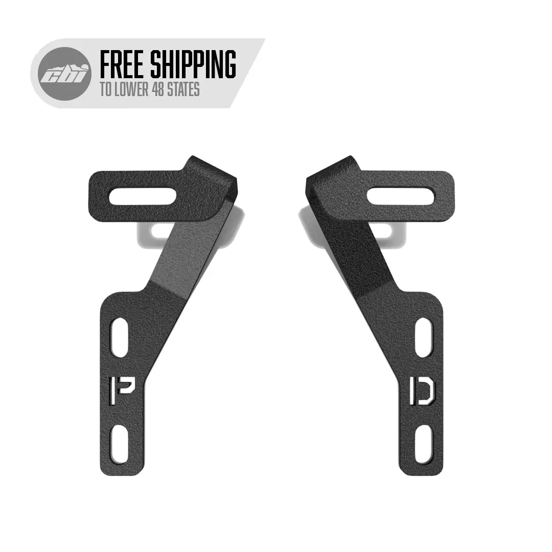 Pair of black steel ditch light brackets for Toyota RAV4 2019-2021 on white background