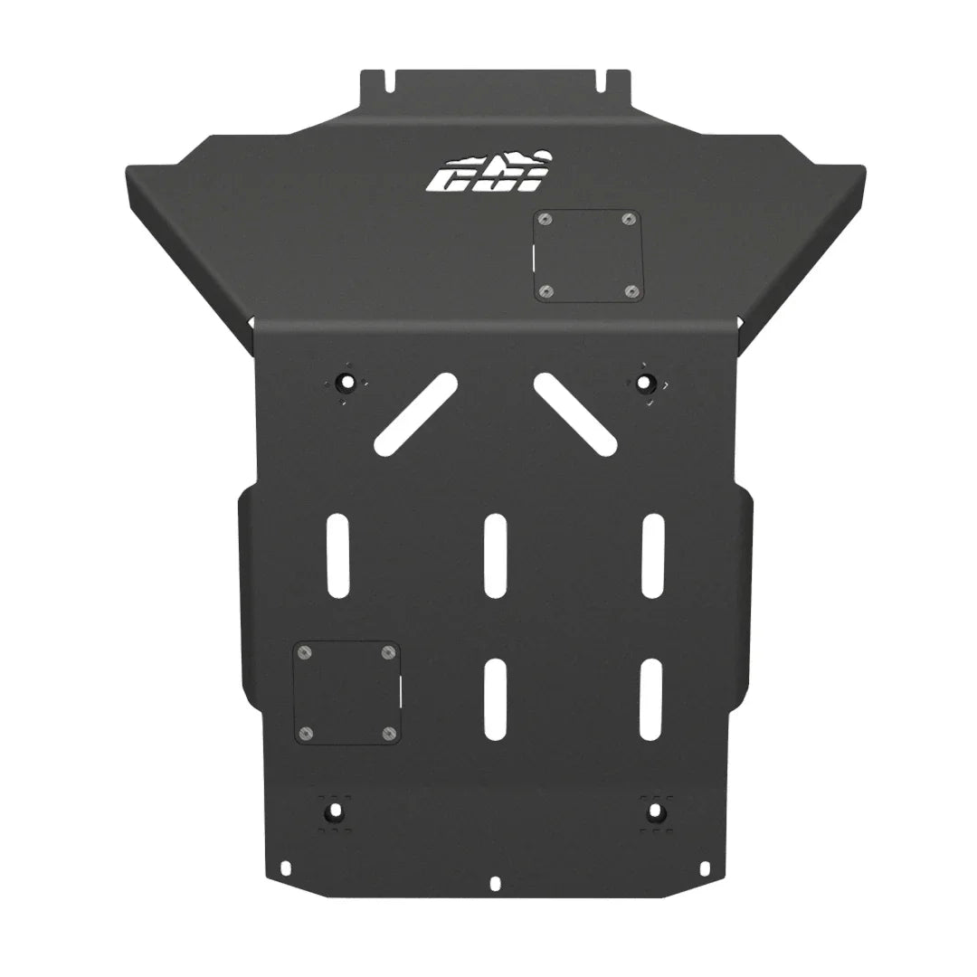Toyota Tundra Gen 3 front skid plate, black metal, with cutout design and mounting holes