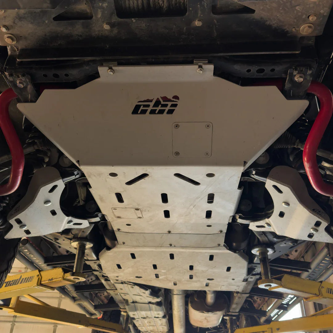 Toyota Tundra undercarriage with heavy-duty front and rear skid plates installed