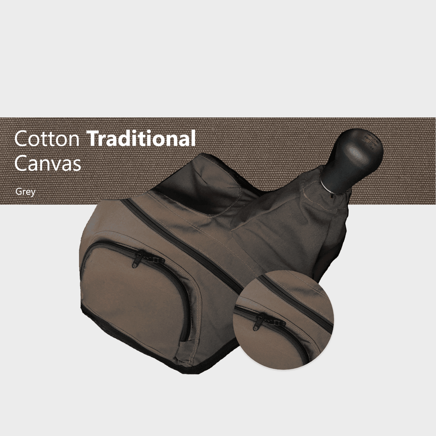 Grey cotton canvas transmission cover with zippered storage pocket for vehicle interiors