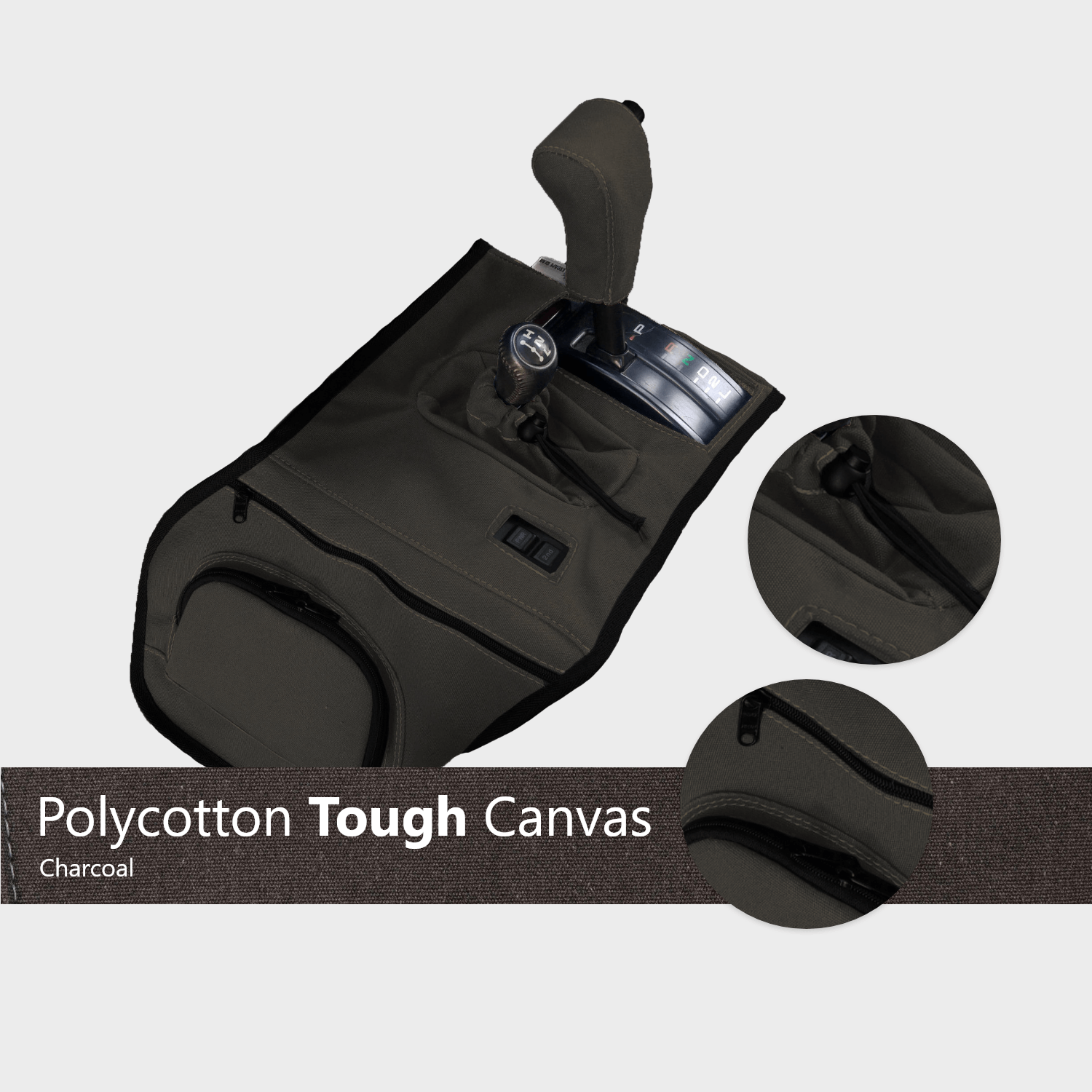 Charcoal polycotton canvas transmission cover for vehicle gear shifter with storage pockets