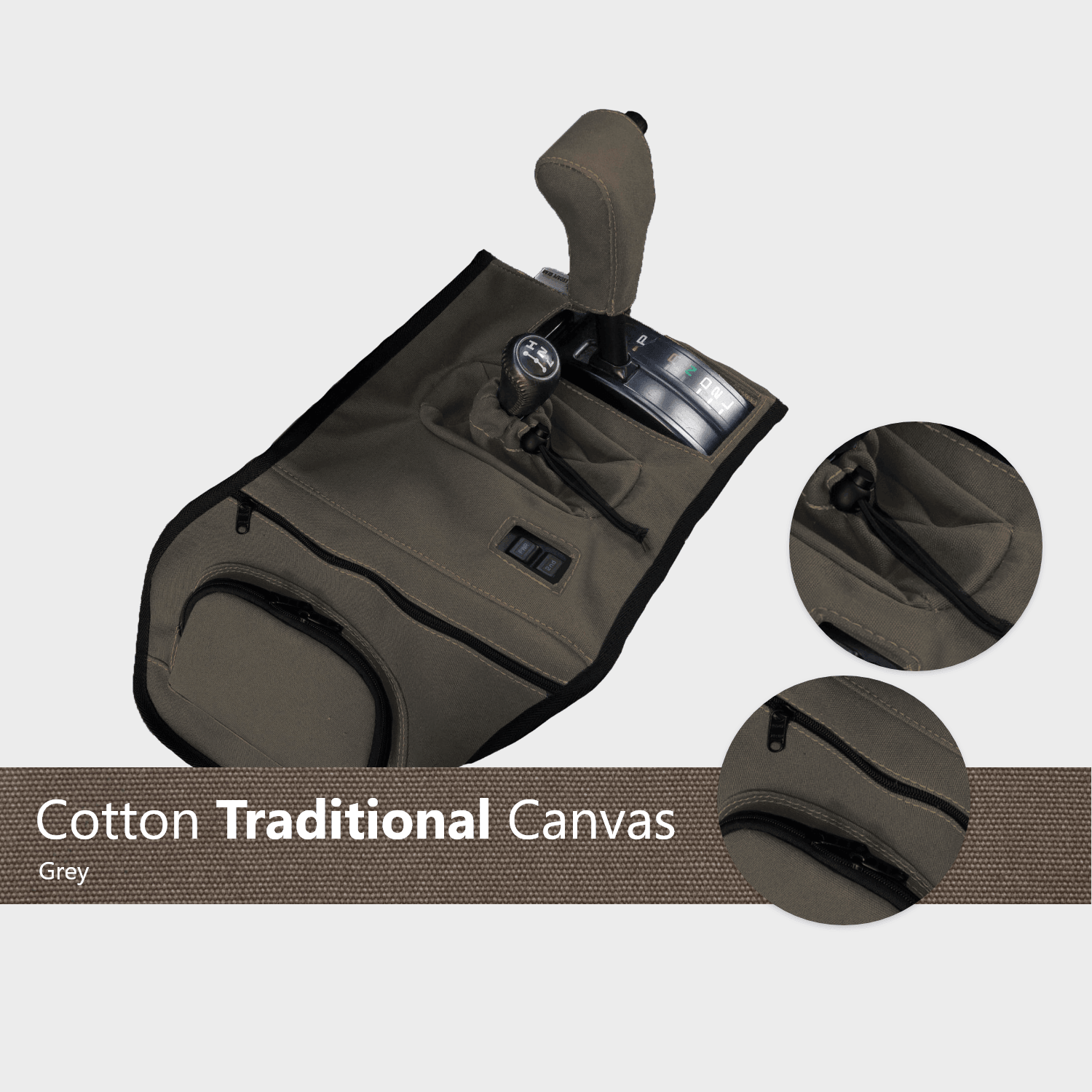 Grey cotton canvas automatic transmission cover with zipper pocket and gear shifter detail