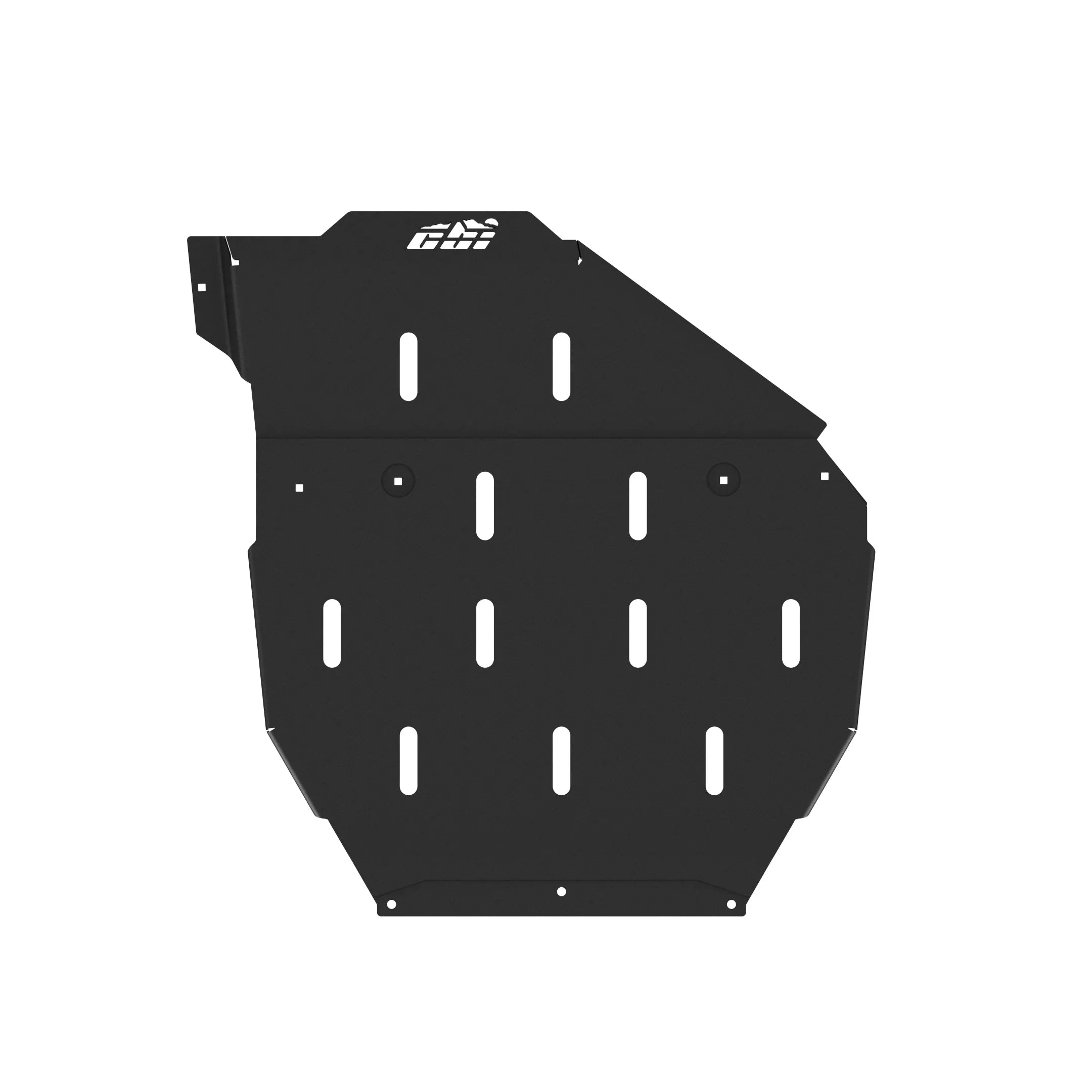 Black steel transmission transfer case skid plate for off-road vehicles with vent slots