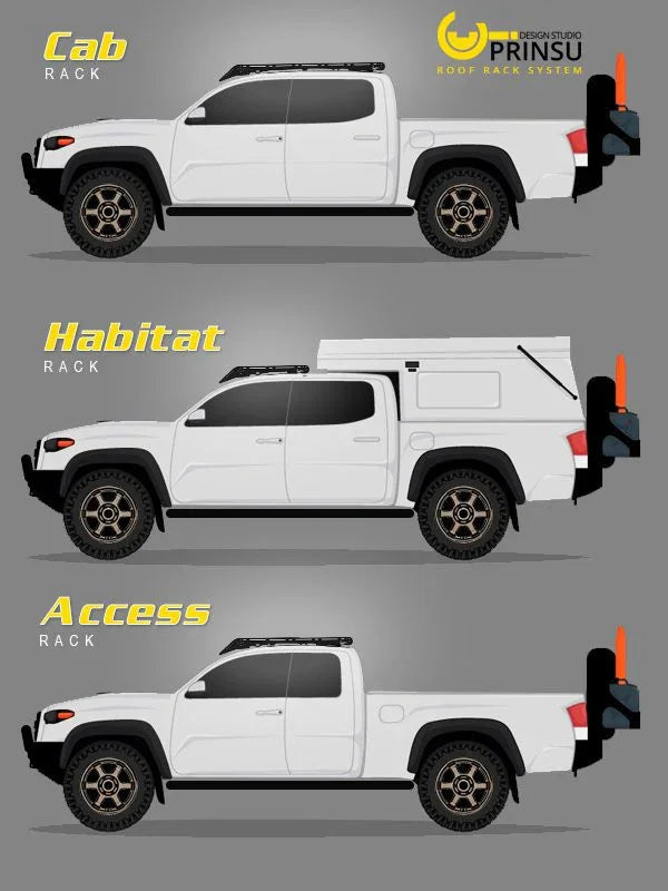 Illustration comparing cab rack, habitat rack, and access rack on white Toyota Tacoma trucks for overlanding
