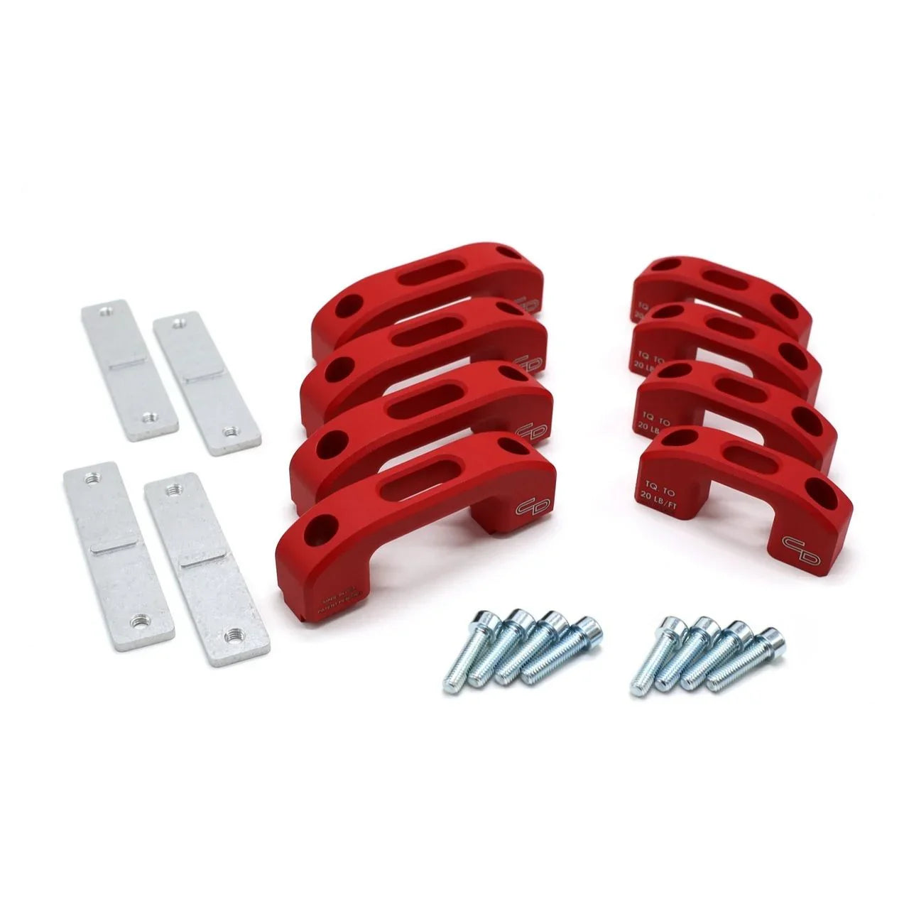 Red powder coated billet tie down anchors kit with mounting plates and bolts for truck bed