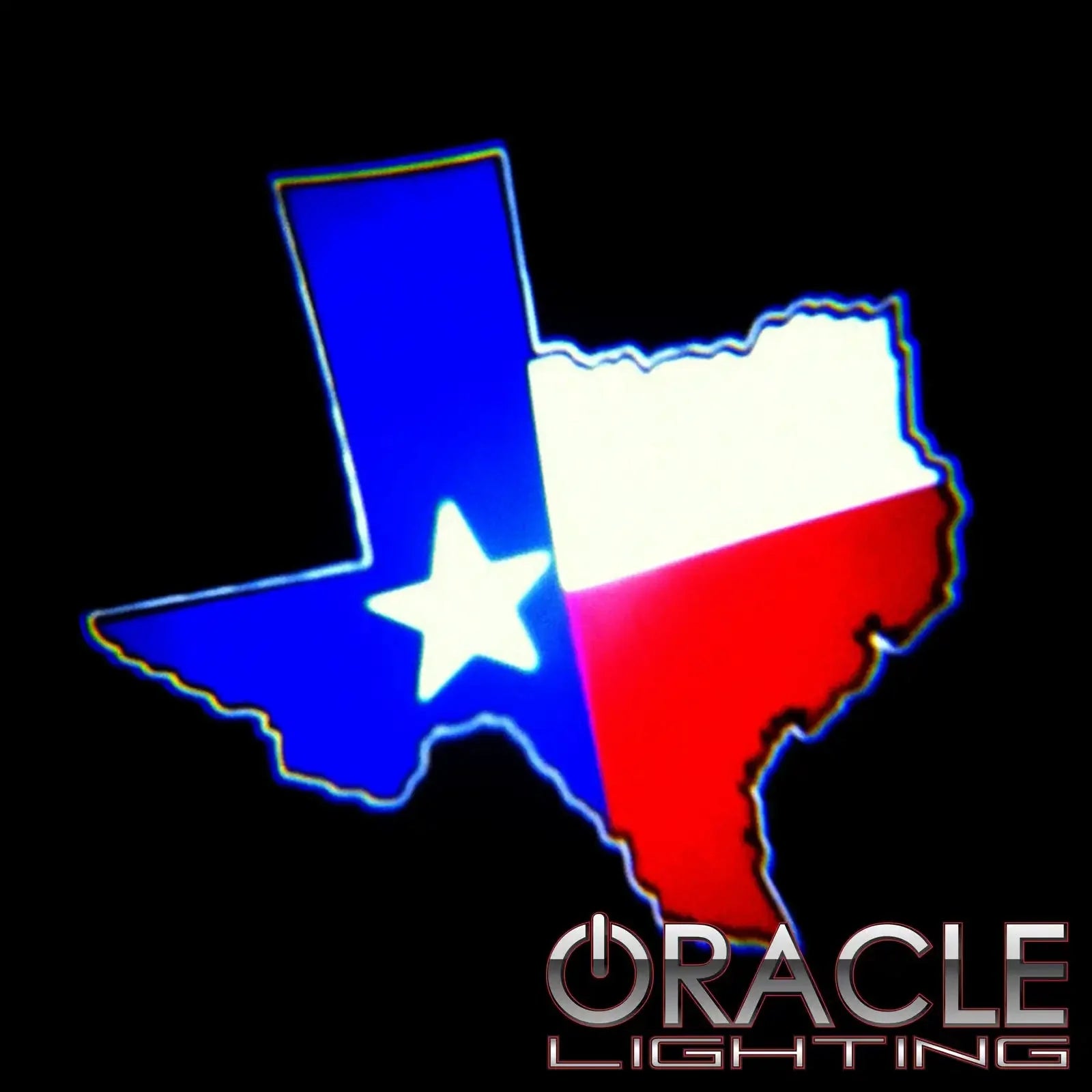 Texas state outline in blue, white, and red with a star, Oracle Lighting logo below