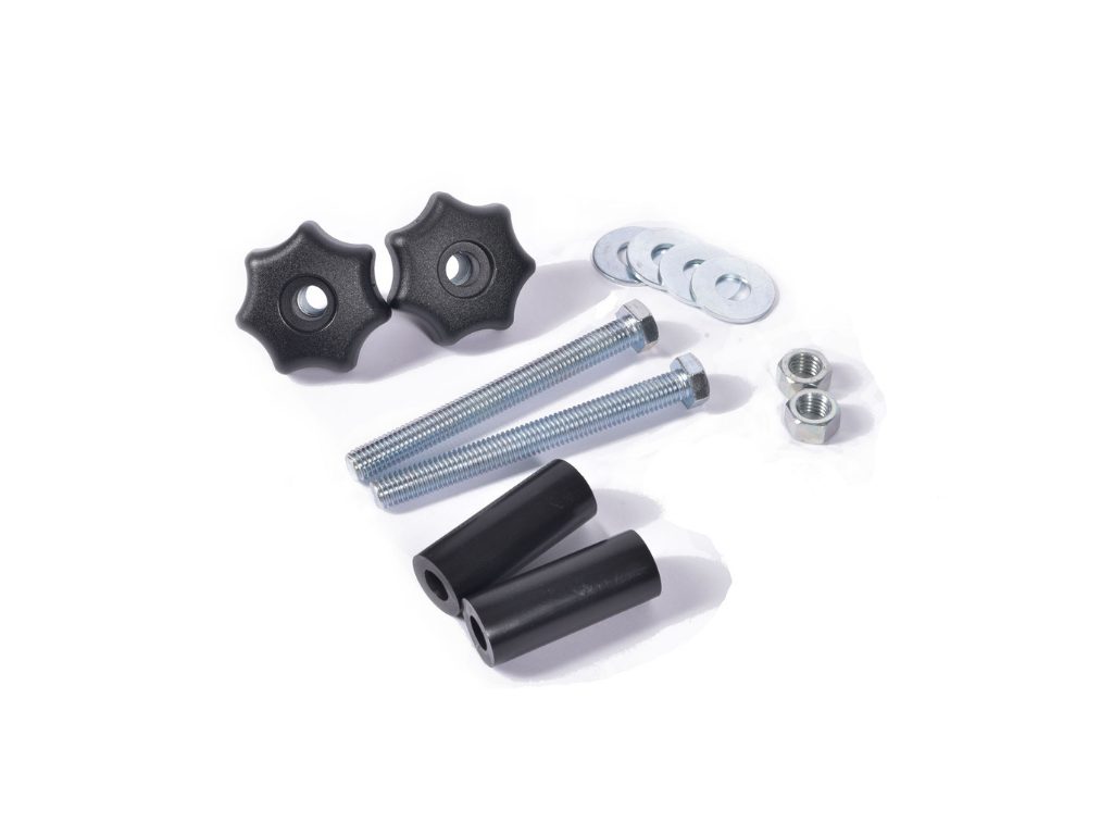 Vehicle accessory mounting hardware kit with bolts, washers, knobs, spacers, and nuts