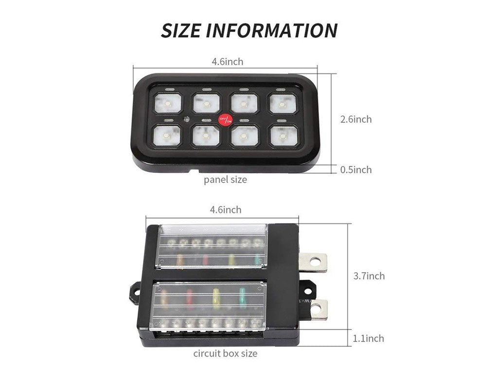 8-switch control panel and circuit box with size dimensions for vehicle accessories