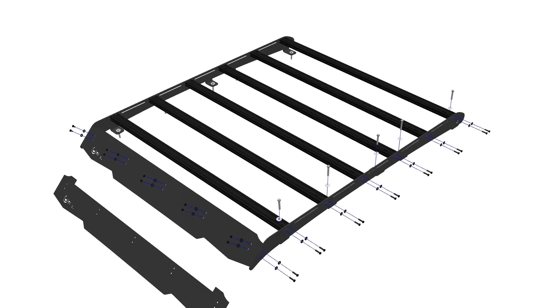Exploded view of black roof rack cross bars with side rails and mounting hardware for overland vehicle