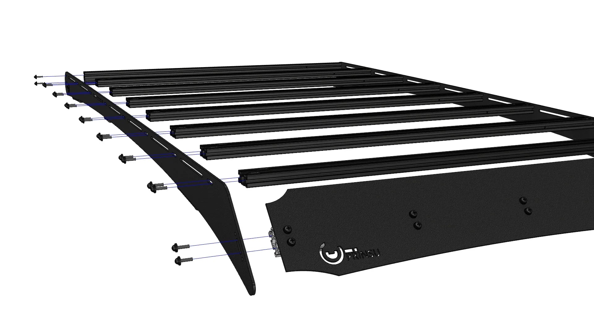 Exploded view of black modular roof rack system with side panels and mounting hardware for overlanding vehicles