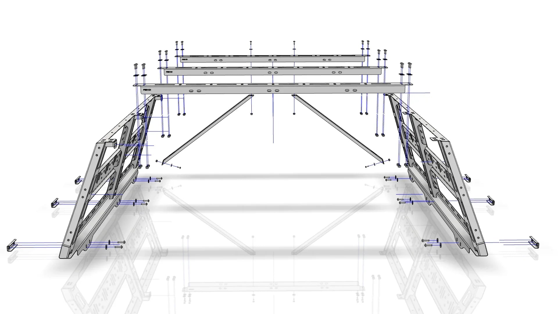 Exploded diagram of overland bed rack assembly for off-road vehicles, showing hardware placement