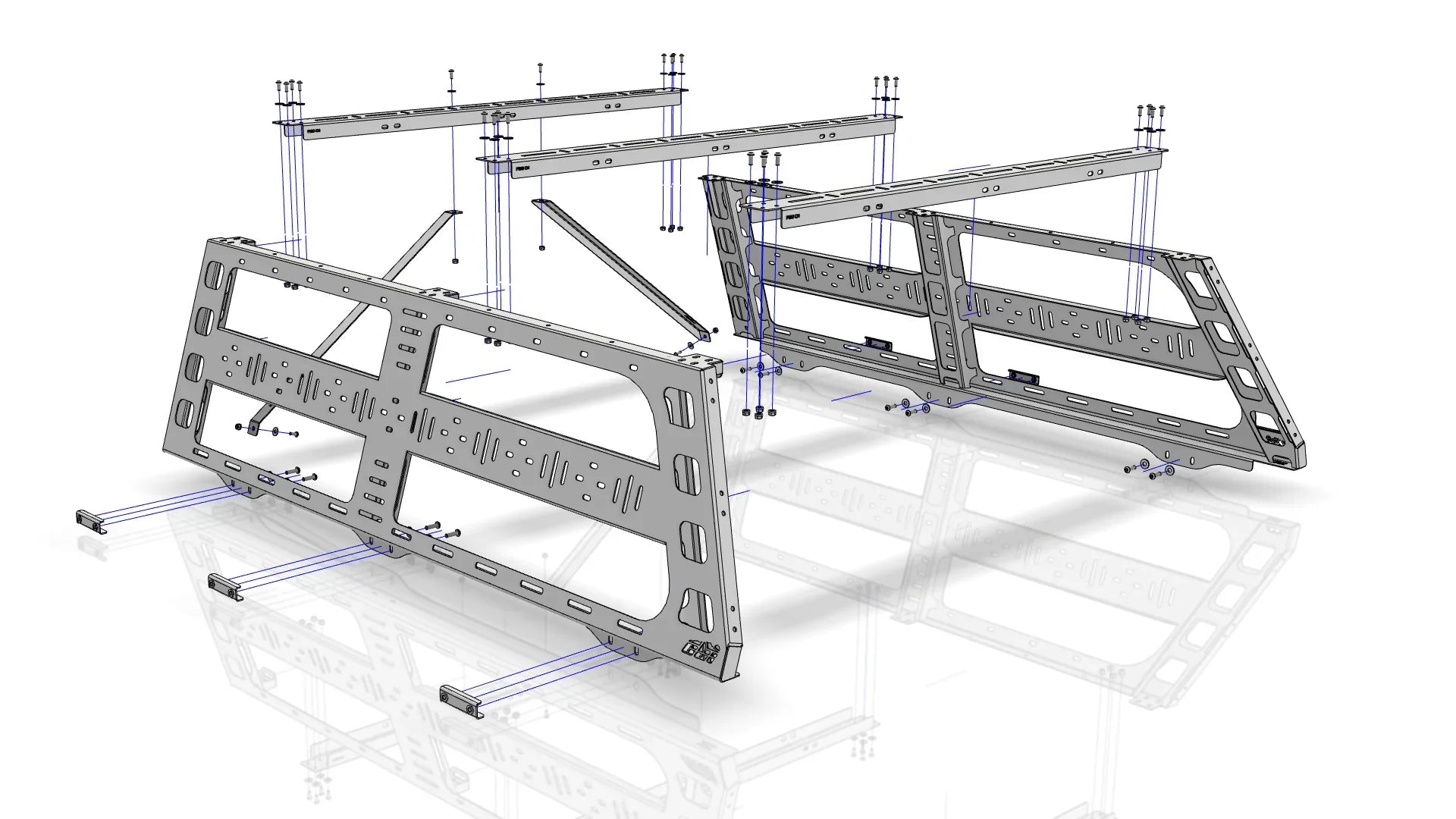 Exploded view of modular truck bed rack assembly with metal side panels and crossbars for overlanding vehicles.