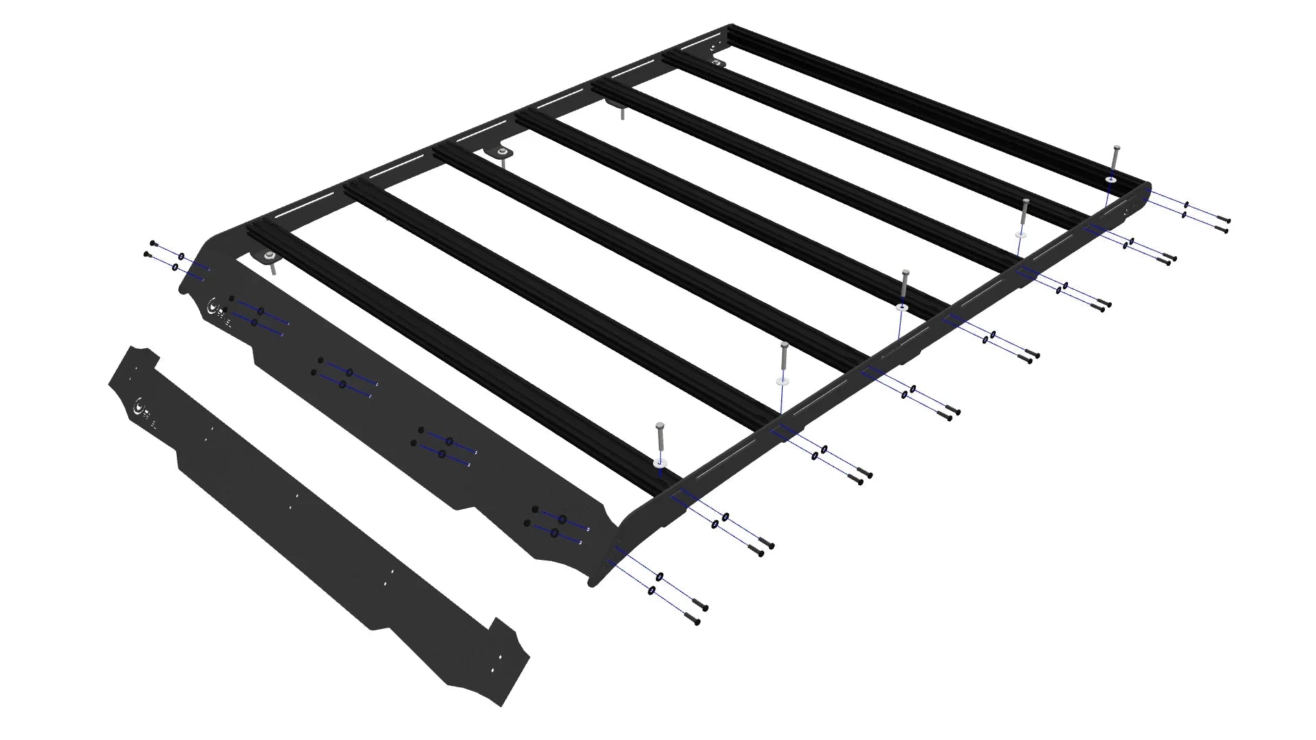 Exploded view of modular roof rack assembly for off-road and overlanding vehicles
