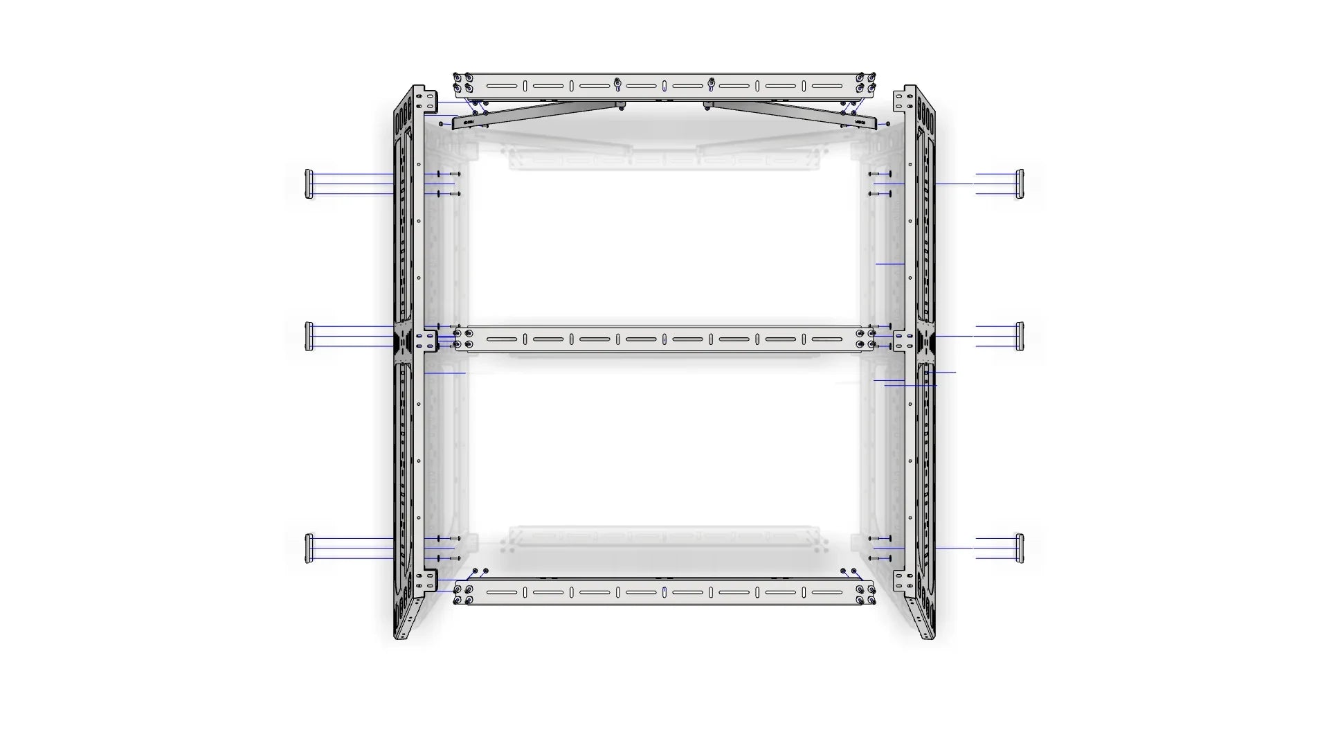 Overland vehicle modular roof rack assembly diagram with hardware placement shown.